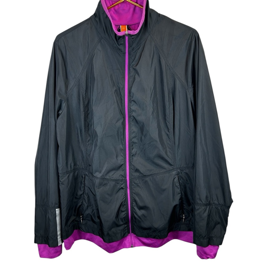Lucy Women Black/Purple Full-Zip Sport Jacket Sz XL Zip Pocket Nylon Athleisure